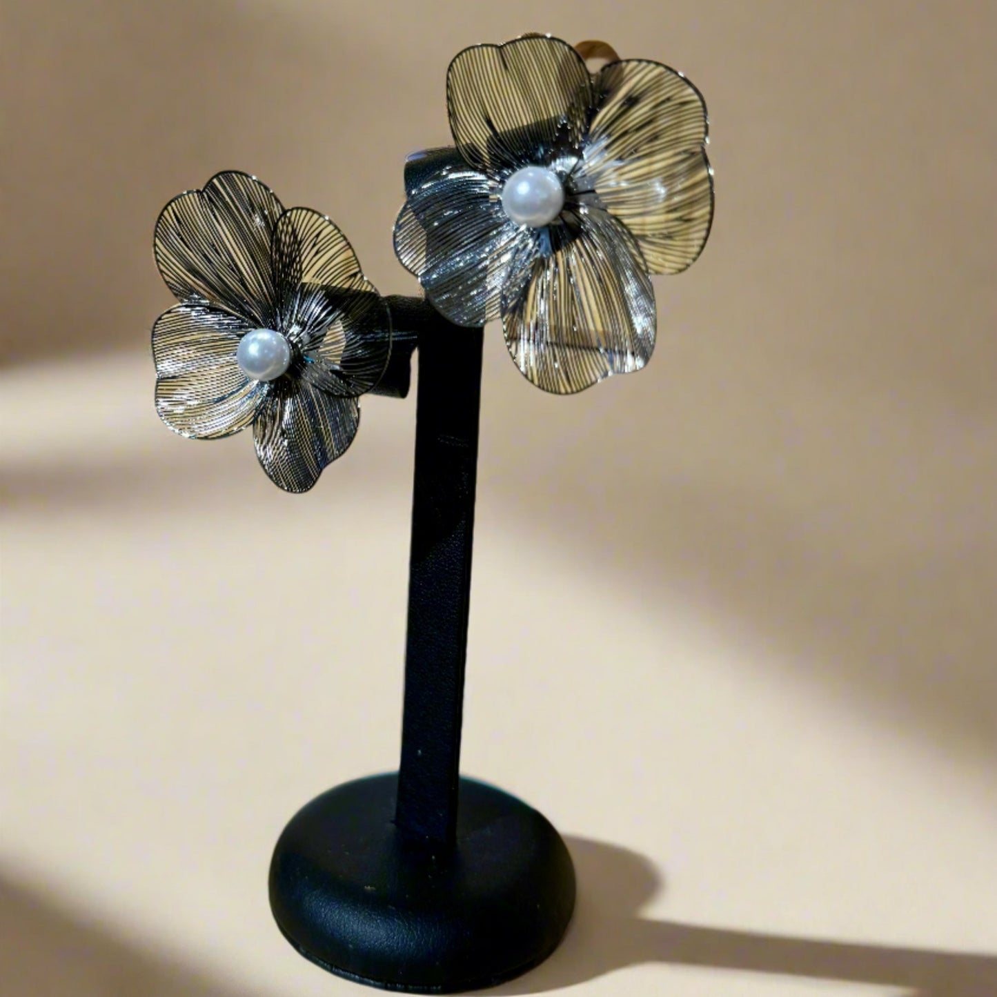 Elegant Japanese Floral Earrings, silver-plated with intricate petal design and pearl, ideal holiday gift for her