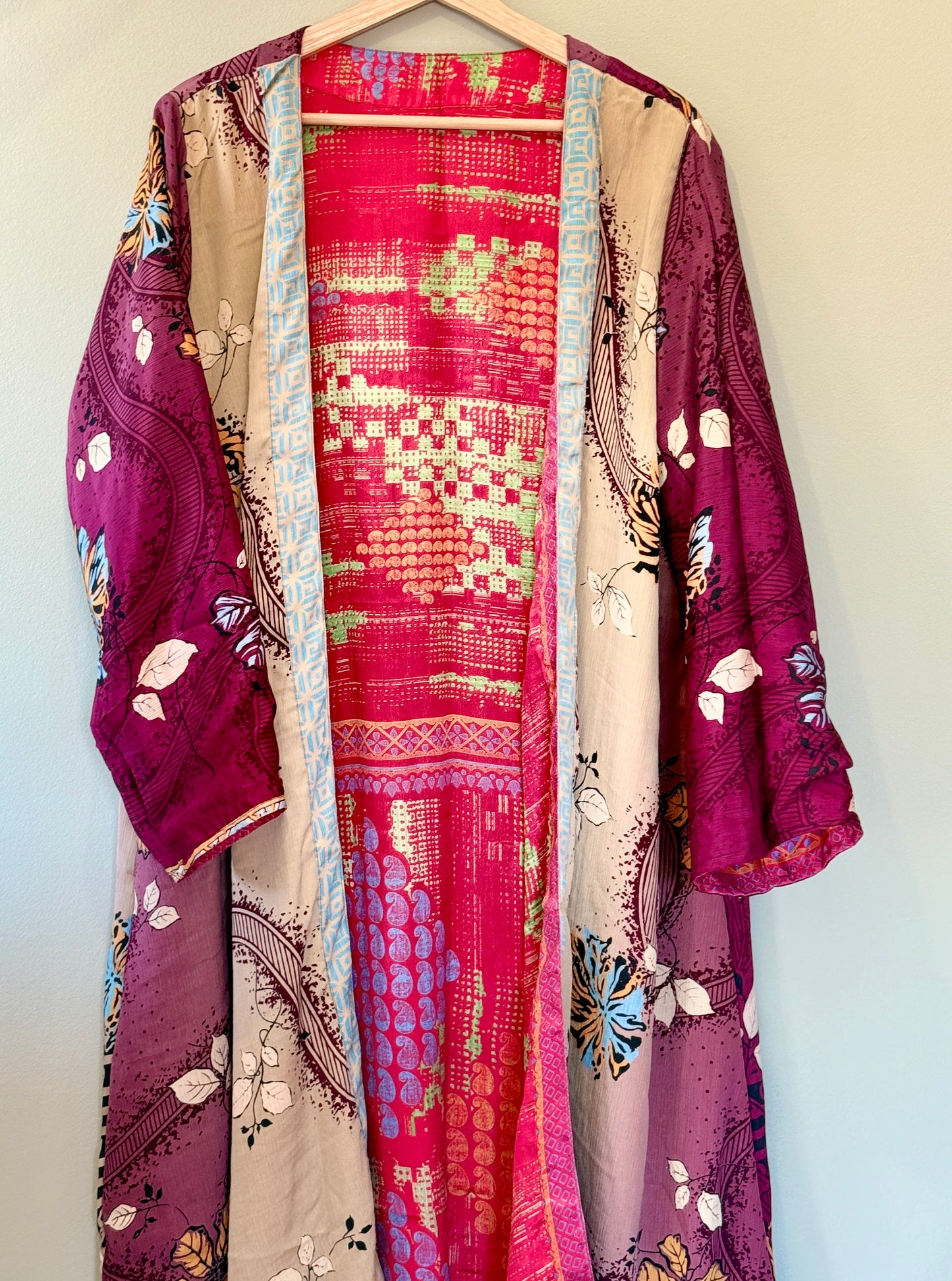 Summer Reversible Long Silk Kimono Robe – Eco‑Friendly Boho Robe, Yoga Lounge Robe, Sustainable Gift