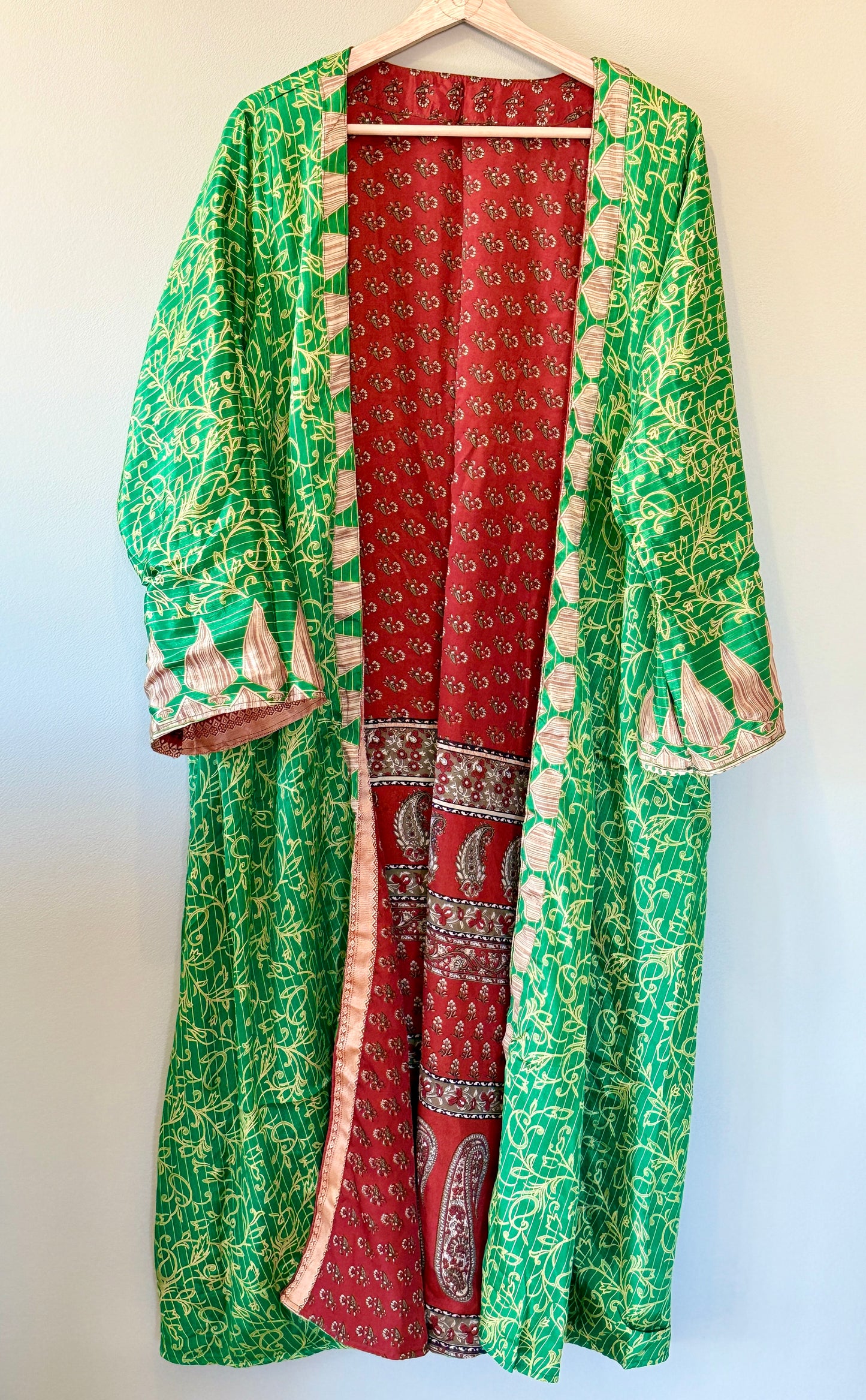 Summer Reversible Long Silk Kimono Robe – Eco‑Friendly Boho Robe, Yoga Lounge Robe, Sustainable Gift