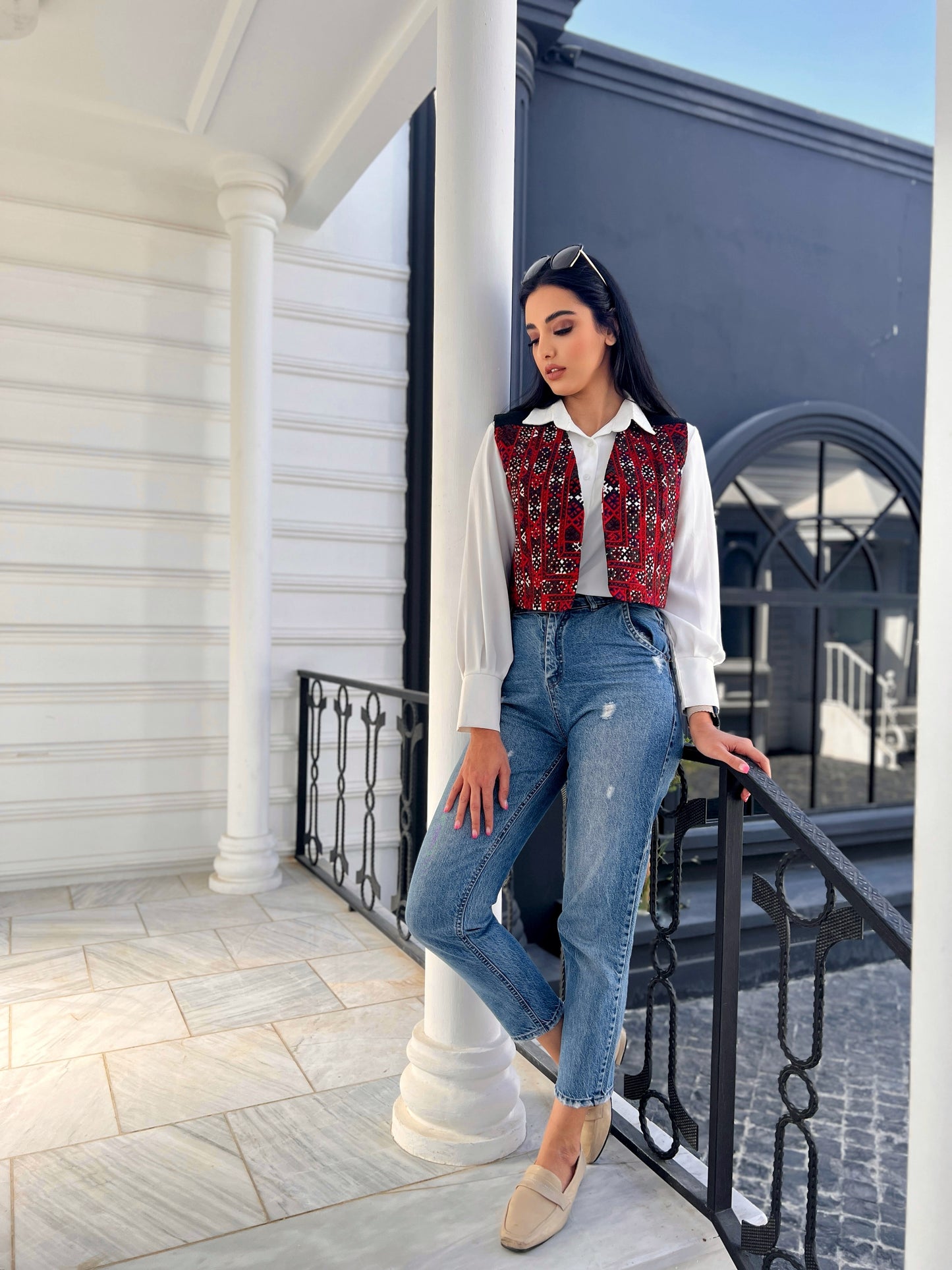 Zenith Baluchi Embroidered Vest – Geometric Red and Black Tailored Statement Layering Piece