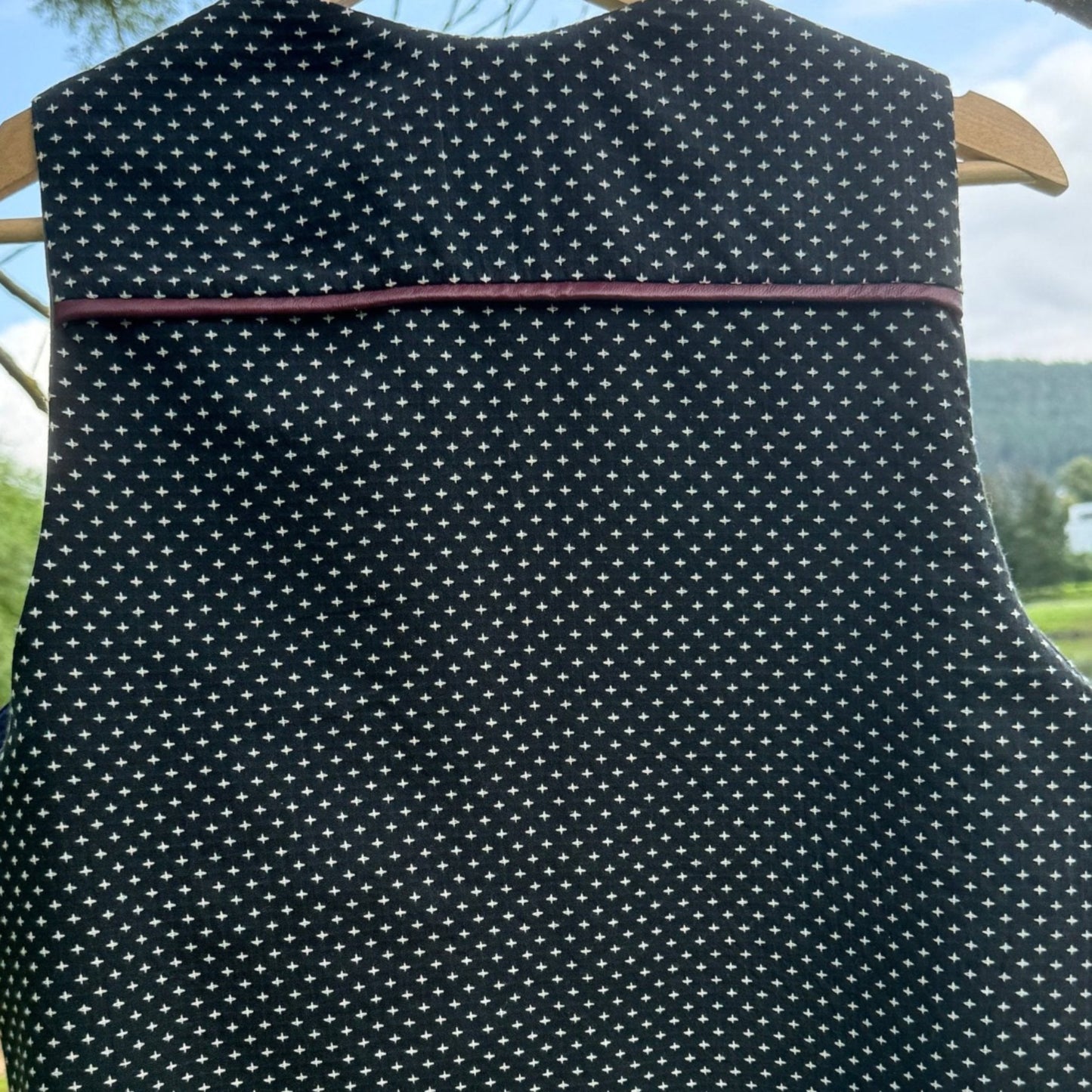 Handprinted Qalamkaar reversible vest, eco-friendly 60cm design with intricate patterns and leather trim