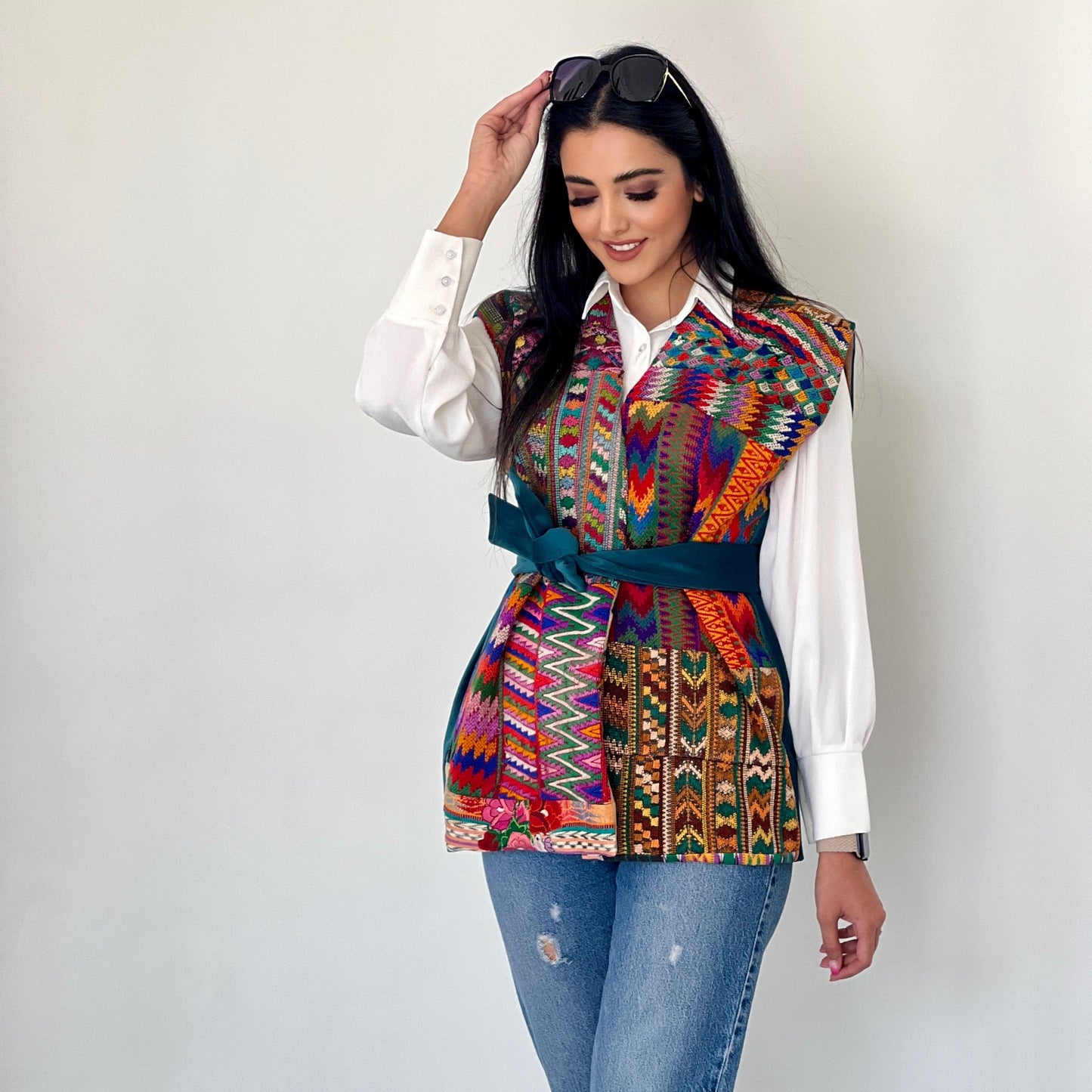 Radiance Vest with hand-embroidered front, velvet back, and structured fit, ideal for casual or statement outfits