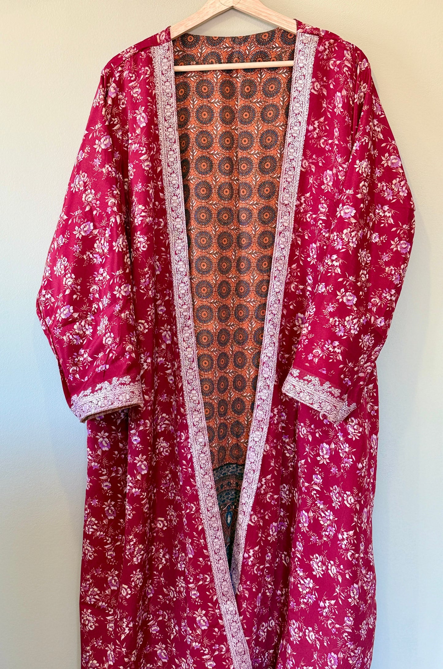 Red floral reversible kimono front side