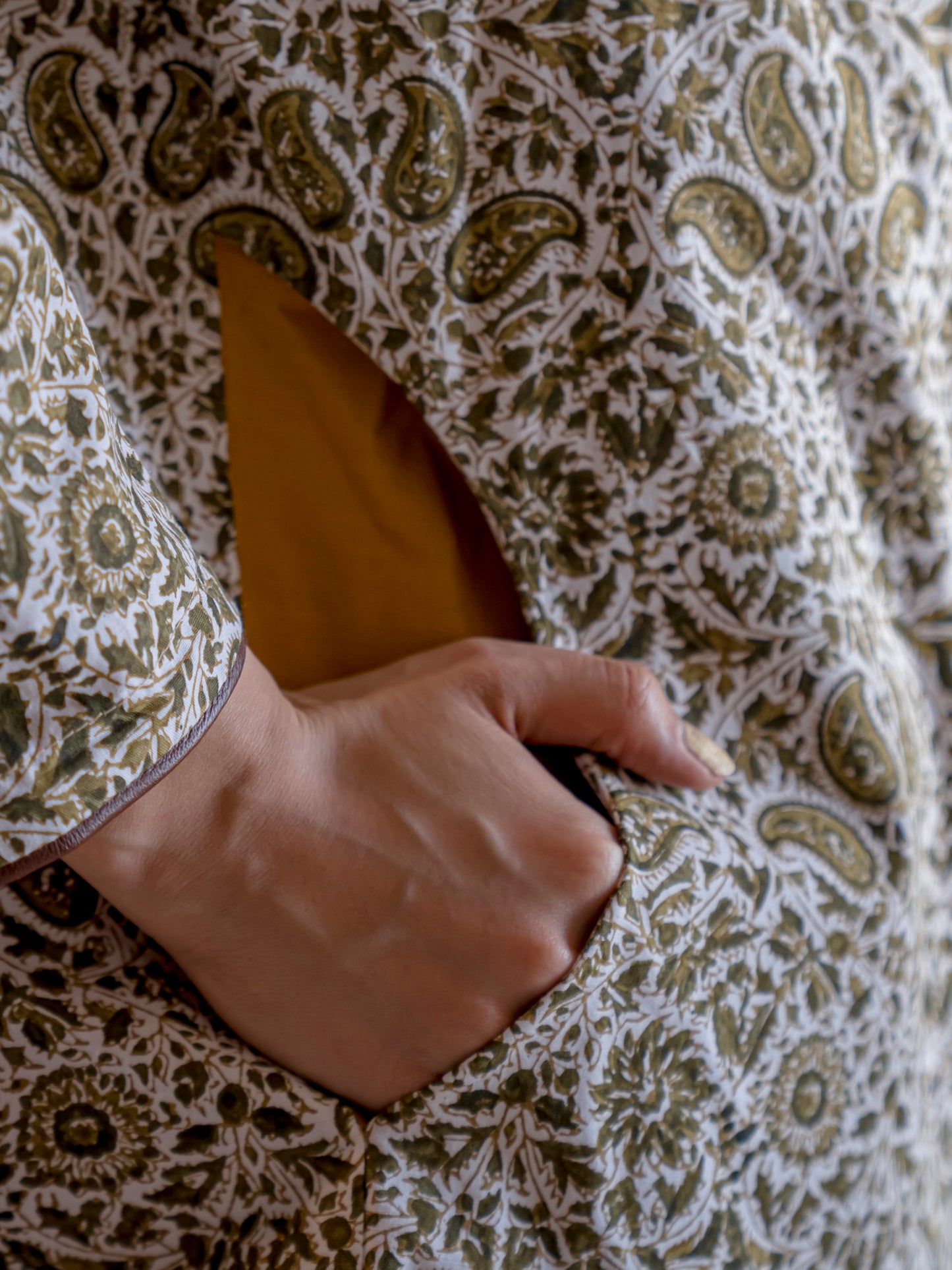 Hand-Printed Qalamkaar Jacket – 65cm Artisan-Made with Leather Accents | Sustainable Fashion