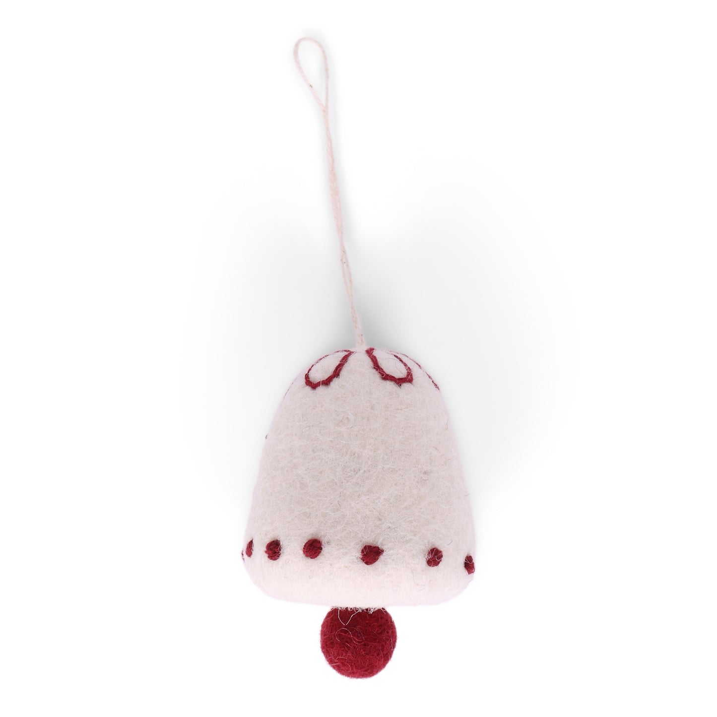 Handmade wool bell ornament by Gry & Sif, fair trade holiday decor and thoughtful gift in white with red accents, crafted in Nepal from natural New Zealand wool