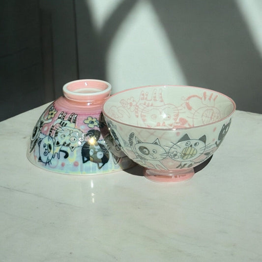 Adorable Japanese ceramic bowl with kitten designs, dishwasher and microwave safe, perfect for everyday meals