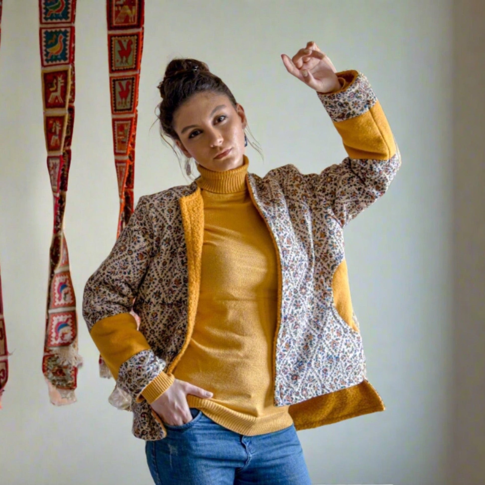 Eco-friendly Persian Garden Jacket with traditional Qalamkar floral patterns, reversible with fleece lining, for sustainable style