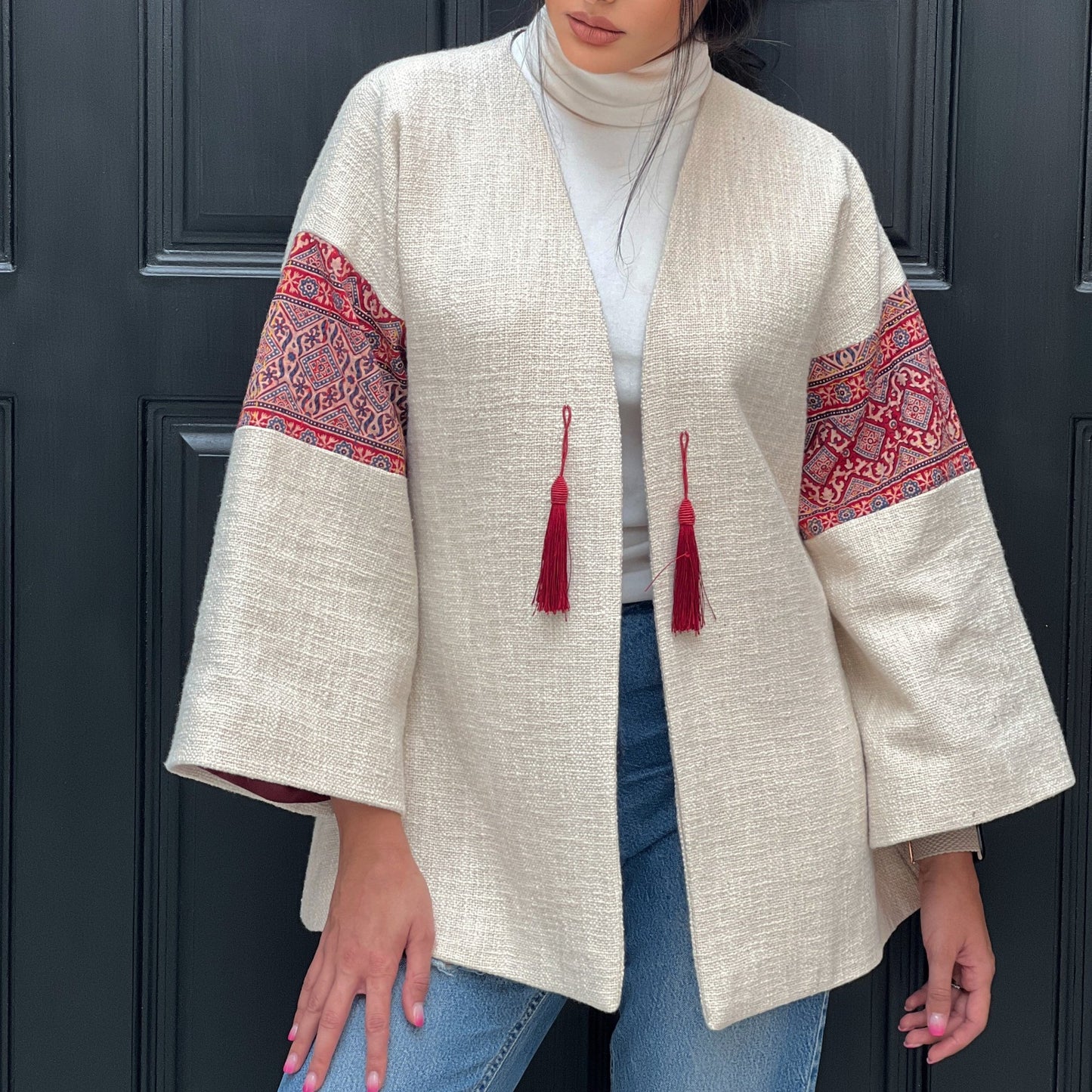 Fusion Jacket with intricate hand embroidery and red tassel accents, suitable for office, events, and semi-formal occasions