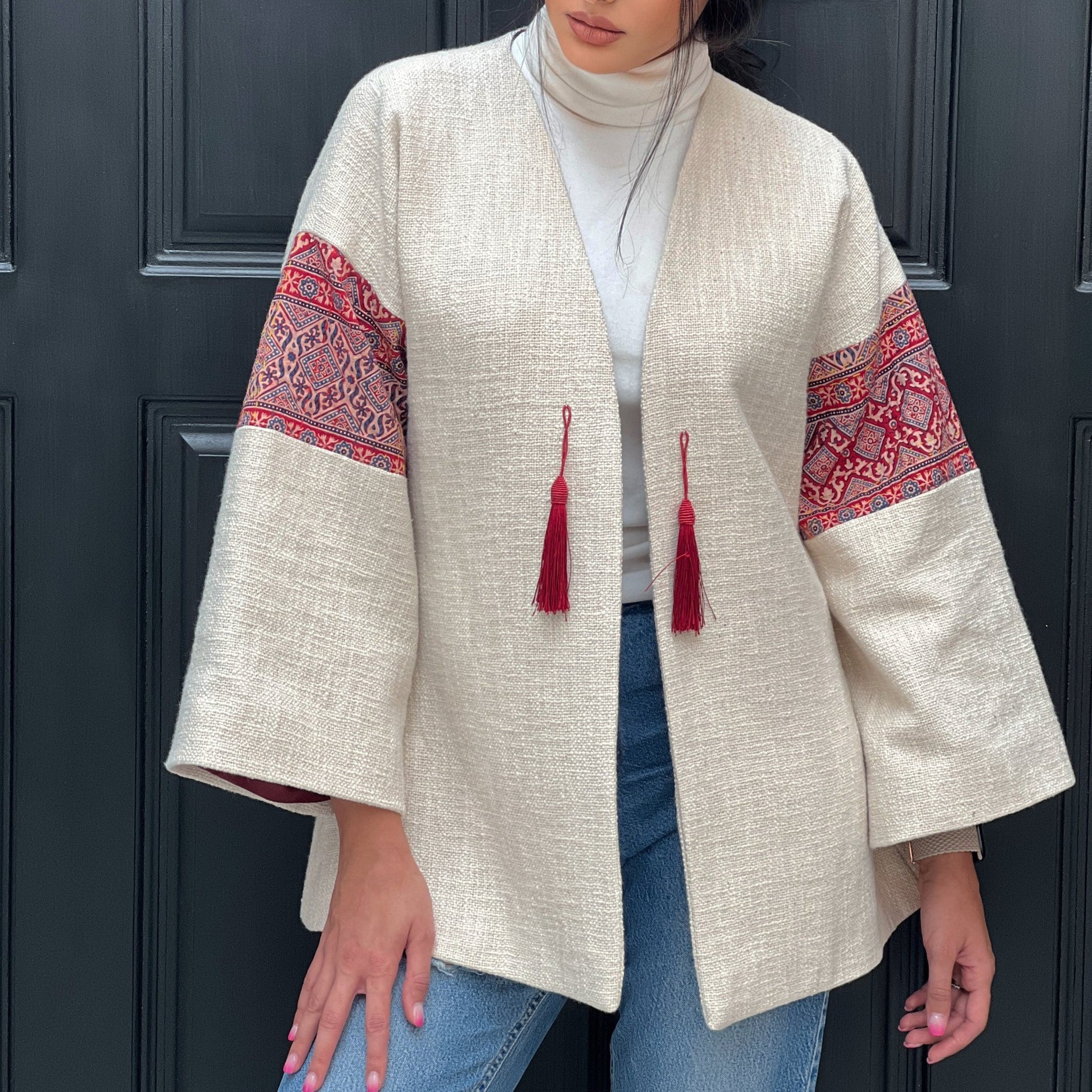 Fusion Jacket with intricate hand embroidery and red tassel accents, suitable for office, events, and semi-formal occasions