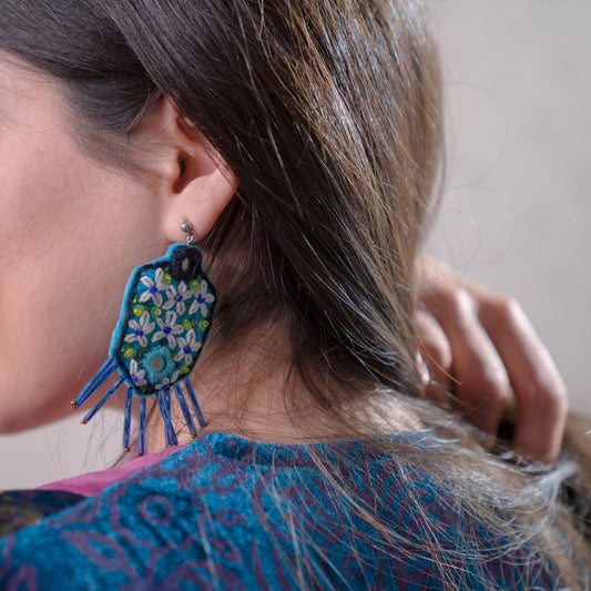Hand-Embroidered Spring Floral Earrings with blue and green floral patterns, inspired by nature and perfect for spring