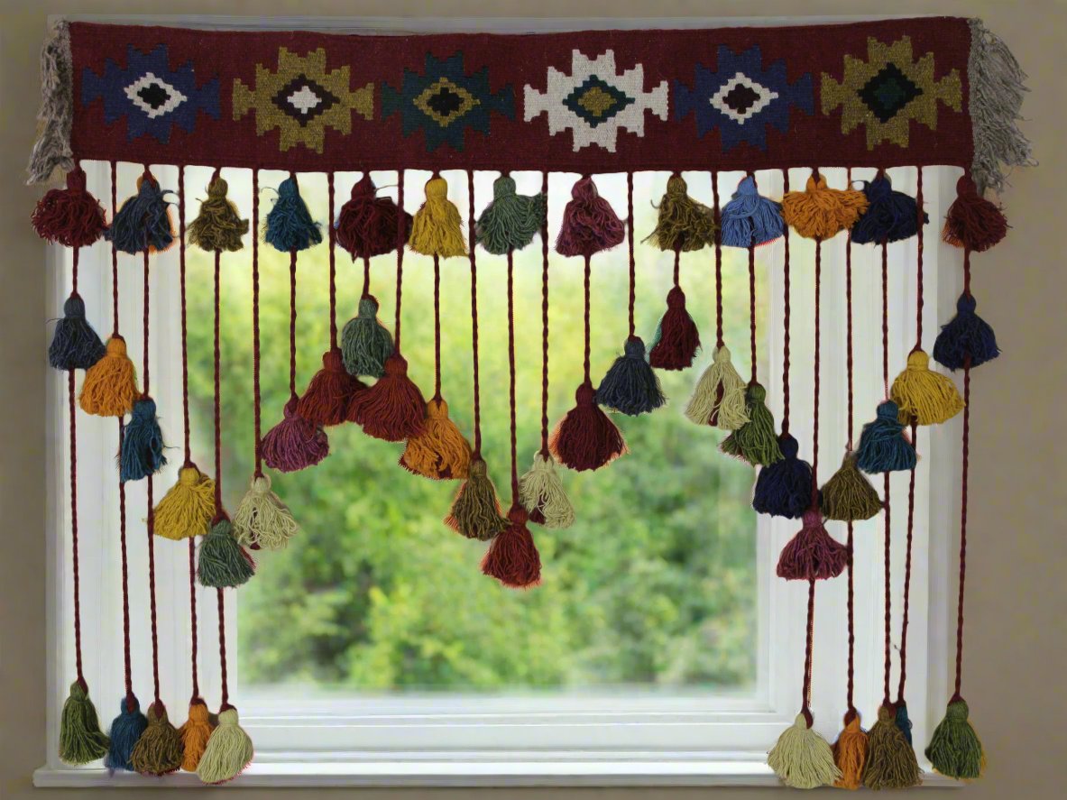 Persian Gelim window topper with traditional hand weaving, adding cultural flair and artisanal charm to interior decor