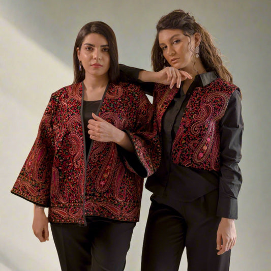 Intricate Mahnoor Jacket with Persian-inspired paisley and floral designs, showcasing high-quality craftsmanship and style