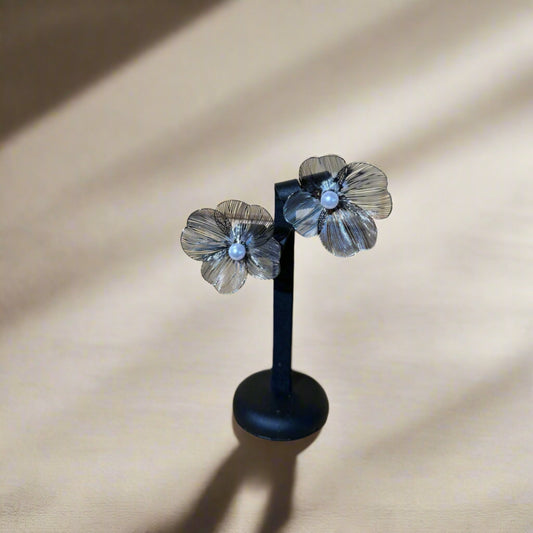Japanese Floral Pearl Earrings, silver-plated with pearl center, a timeless holiday gift