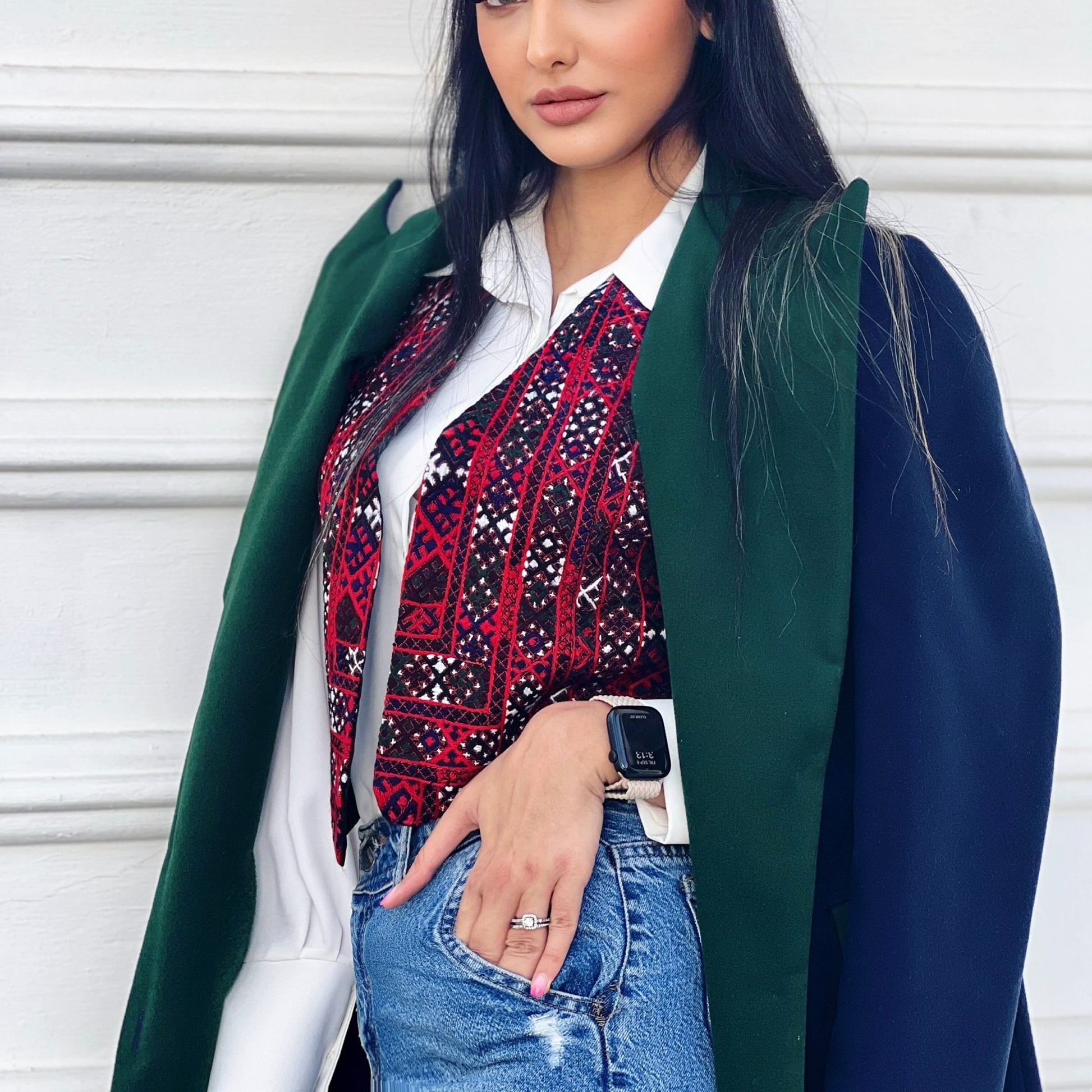 Modern Nexus Coat with a navy-blue body and green lapel, stylish for both casual and formal occasions