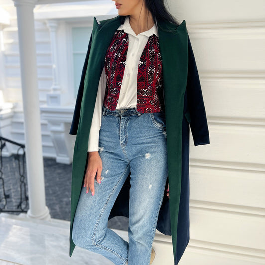 Nexus Coat in navy and forest green, a long tailored coat perfect for layering over any outfit