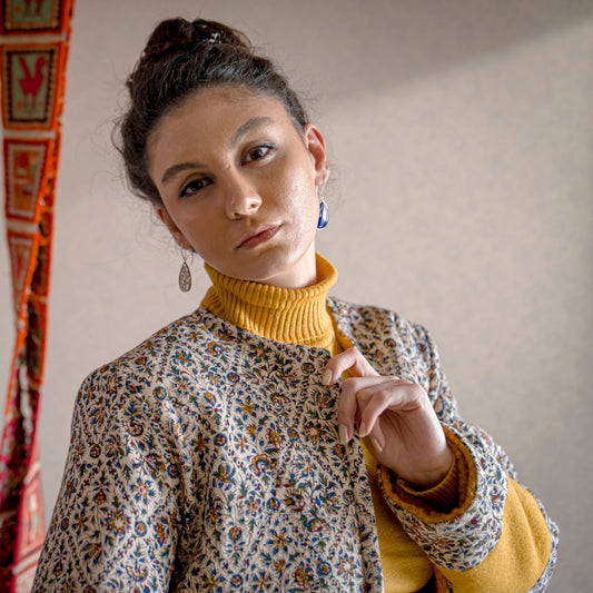 Sustainable Persian Garden Reversible Jacket featuring 65cm Qalamkar floral patterns and fleece lining, a slow fashion choice