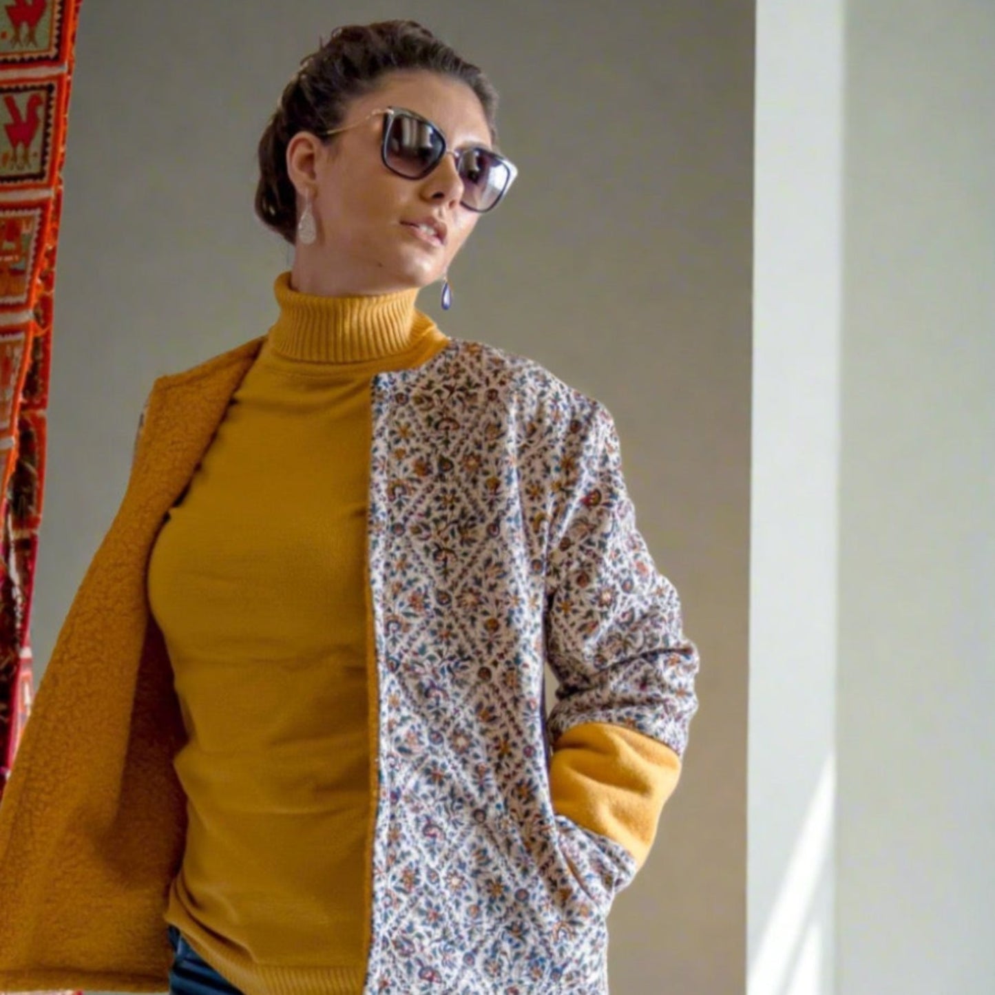Sustainable Persian Garden Reversible Jacket featuring 65cm Qalamkar floral patterns and fleece lining, a slow fashion choice
