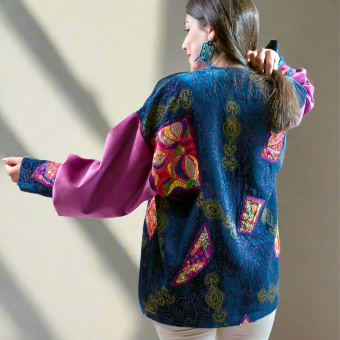 Lightweight Shahnaz Ensemble with bespoke fabric stamping and hand-stitched needlework, a perfect piece for warmer weather