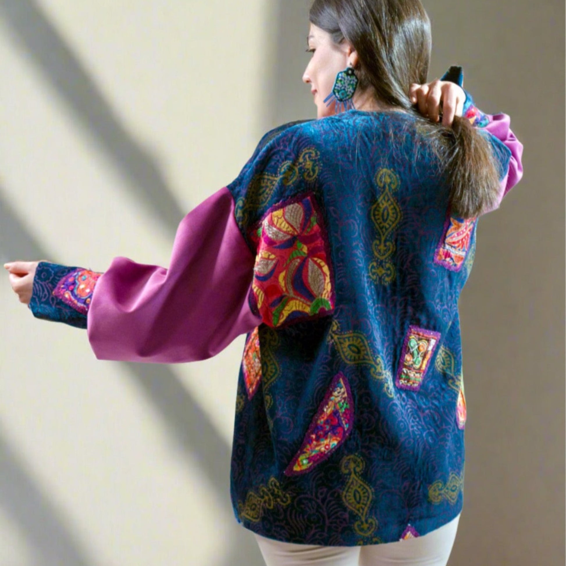 Lightweight Shahnaz Ensemble with bespoke fabric stamping and hand-stitched needlework, a perfect piece for warmer weather