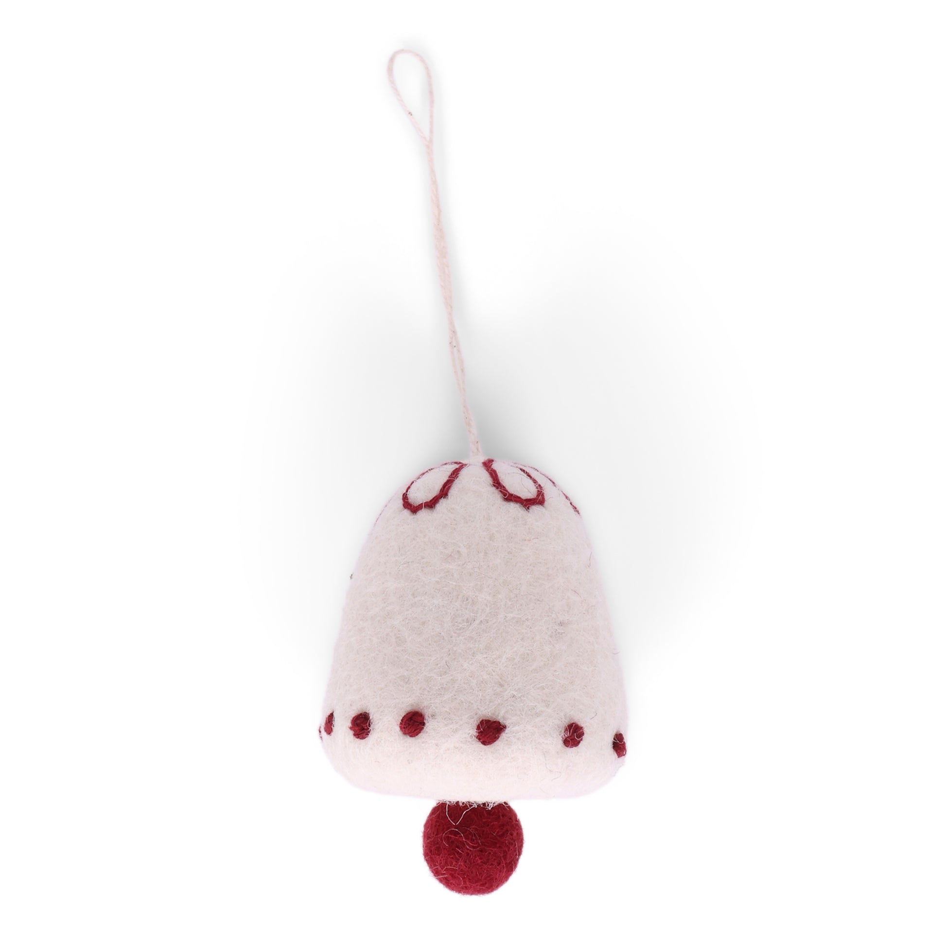 Handmade wool bell ornament by Gry & Sif, fair trade holiday decor and thoughtful gift in white with red accents, crafted in Nepal from natural New Zealand wool